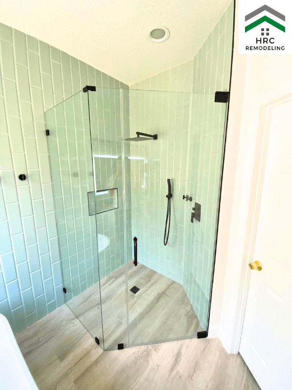 vertical green subway tile walk in shower