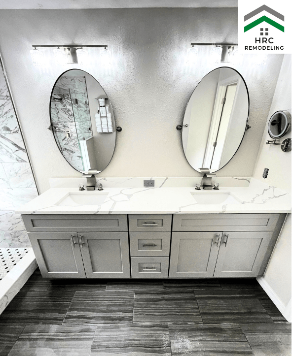 custom grey vanity with quartz countertop