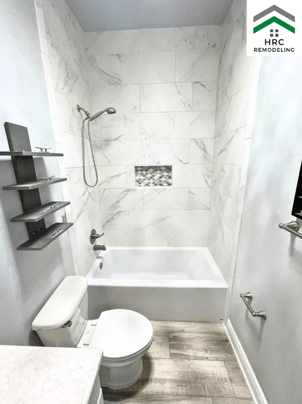 tub remodel with tile up to ceiling