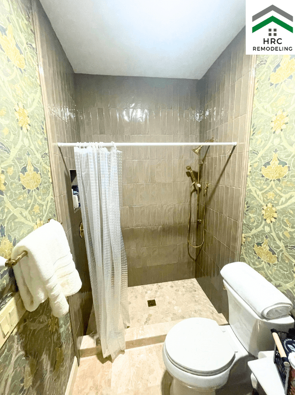 green subway tile walk in shower