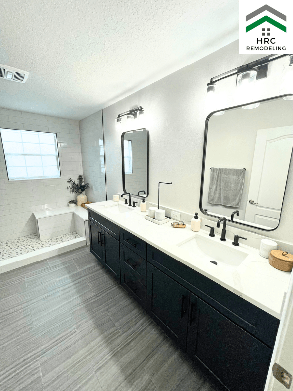 large custom blue shaker vanity with countertop