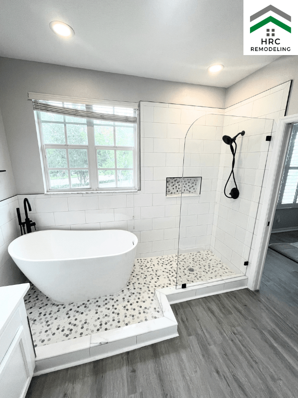 large walk in shower with freestanding tub subway tile