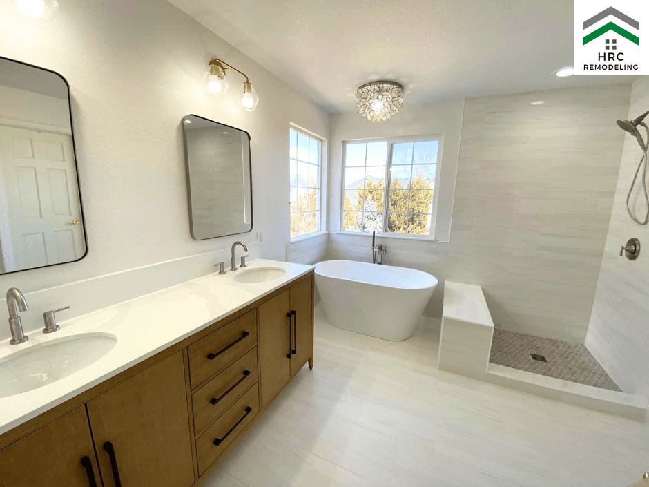 master bathroom remodel with freestanding tub vanity and shower