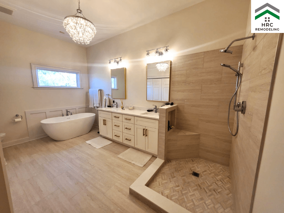shower remodel with chandelier and freestanding tub
