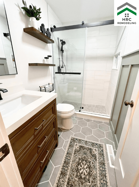 guest bathroom remodel large hexagon flooring