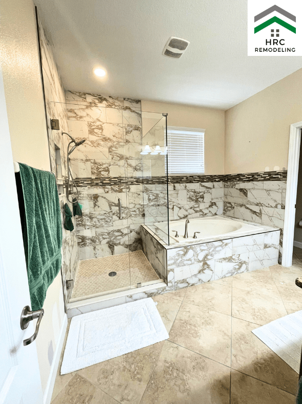 beige shower and tub master bathroom remodel