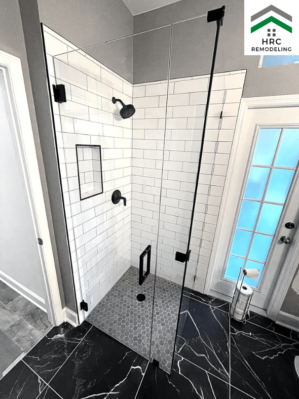 subway tile corner shower