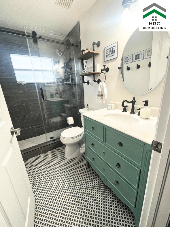 mosaic flooring with green vanity bathroom remodel