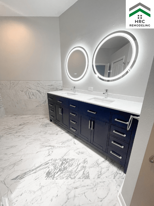 blue vanity with led mirror