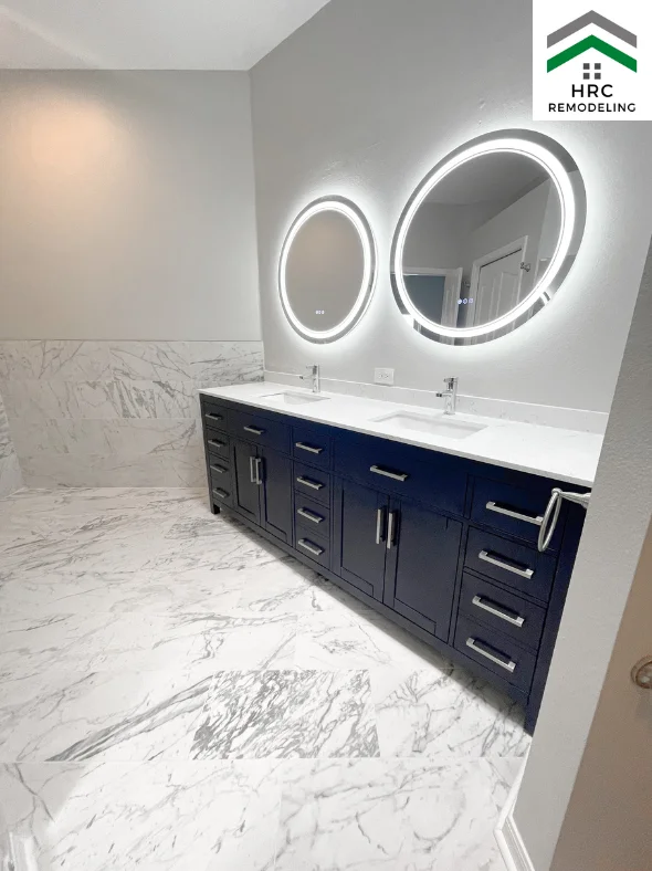 blue vanity with led mirror