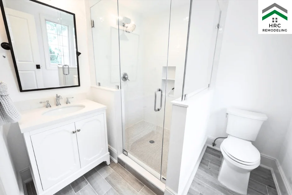 Cost effective bathroom renovation featuring standard design elements.