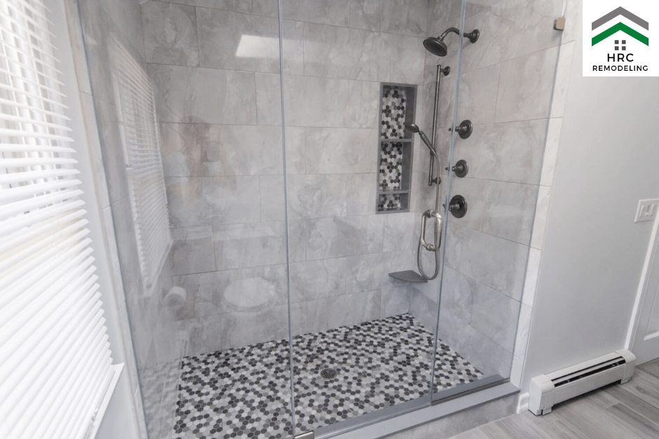shower remodel with shampoo box and foot rest