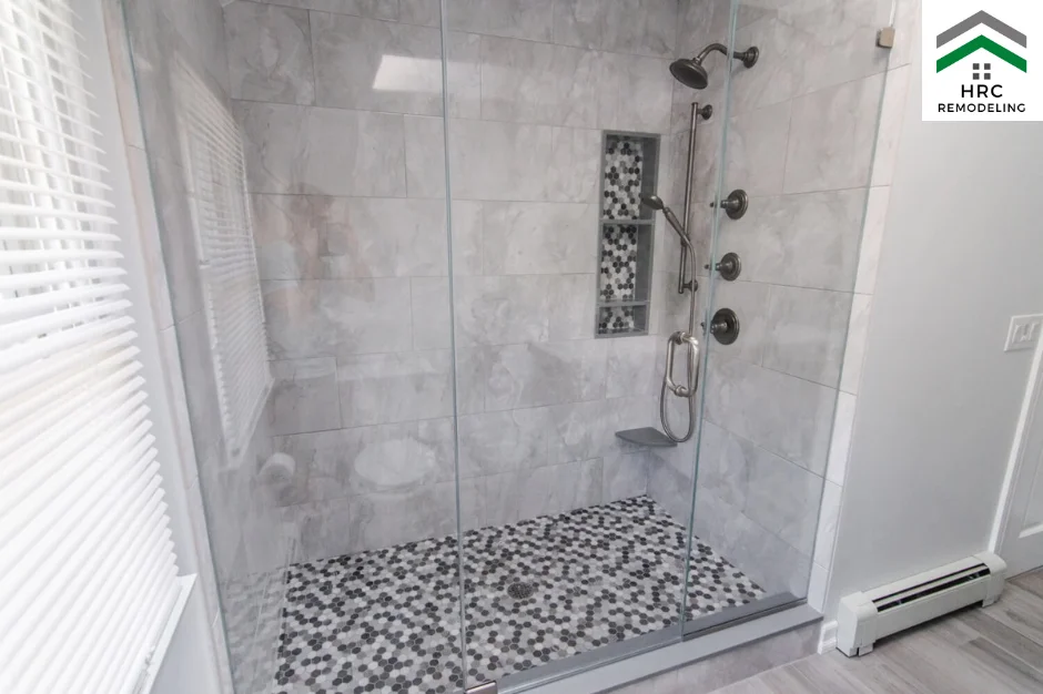 shower remodel with shampoo box and foot rest