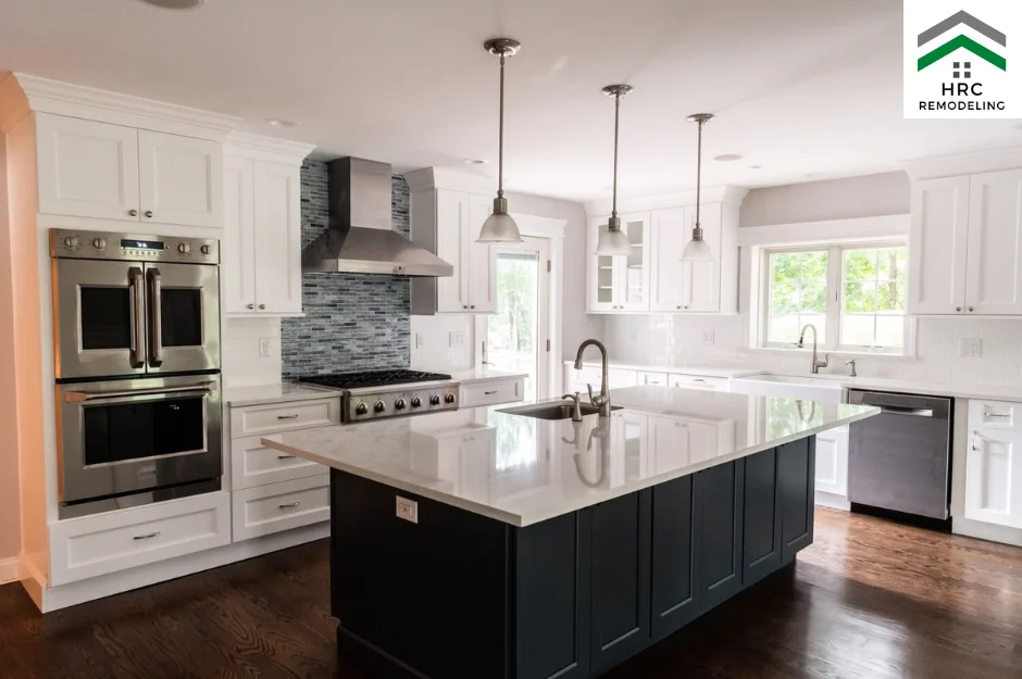 white and blue shaker cabinets with wall oven